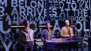 Elizabeth Stahlmann, Nemuna Ceesay and Scott Barrow in HERE THERE ARE BLUEBERRIES at New York Theatre Workshop, Photo by Matthew Murphy