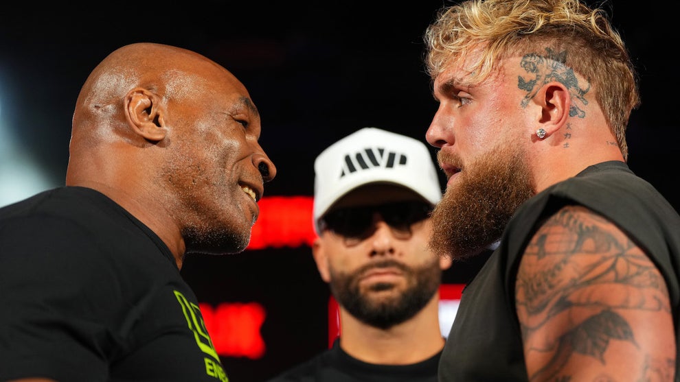 Mike Tyson and Jake Paul during boxing press conference in Arlington, Texas