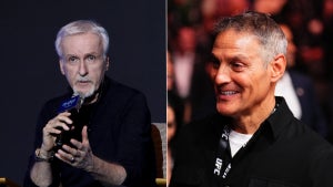 Two men with light-toned skin in separate photos. They are James Cameron and Ari Emanuel, Cameron seen on stage with a microphone speaking, while Emanuel smiles as he's interviewed in a crowd at a UFC event.