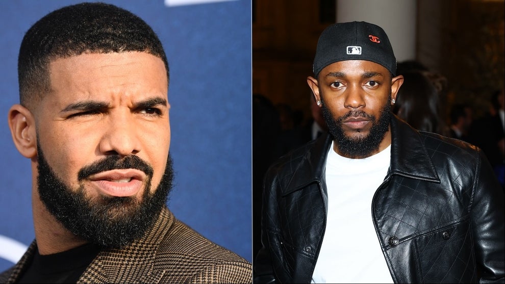 Photos of two men with dark-toned skin, Drake and Kendrick Lamar.