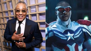 Photos of two Black men, one older and one younger. The one in the photo on the left is Giancarlo Esposito, smiling and holding a necklace of some sort, wearing a suit. On the right is Anthony Mackie as Captain America, wearing the Falcon-esque flying suit version of the uniform.