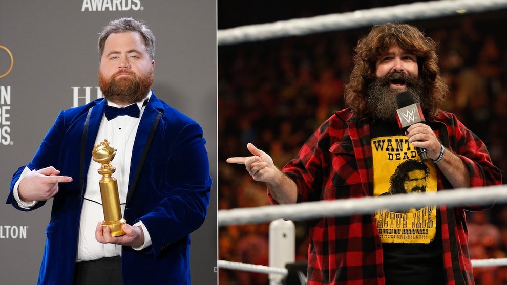 Actor Paul Walter Hauser and pro wrestler Mick Foley, both light-skinned men. On the left, Hauser wears a blue tux and holds a Golden Globe trophy. On the right, in a separate image, Foley stands in a pro wrestling ring in front of a large crowd wearing a flannel shirt and a Cactus Jack T-shirt.