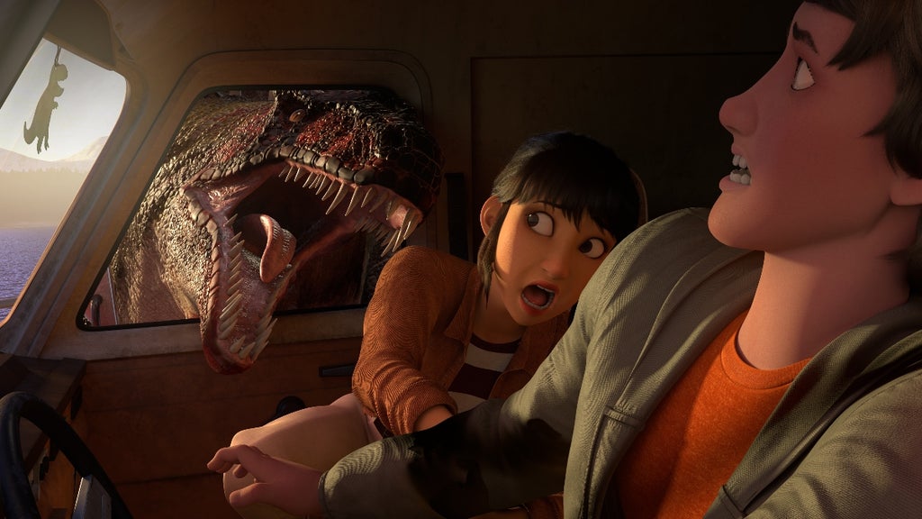 Jurassic World: Chaos Theory: Season 1. (L to R) Kausar Mohammed as Yasmina 'Yaz' Fadoula and Sean Giambrone as Ben Pincus in Jurassic World: Chaos Theory: Season 1. Cr. NETFLIX © 2024