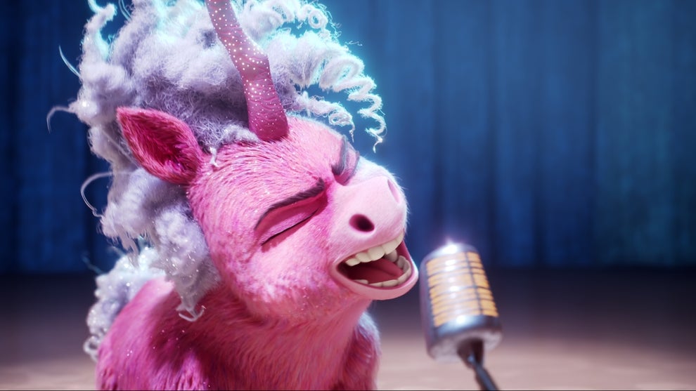 A pink, sparkly unicorn sings into a microphone in the animated film Thelma the Unicorn