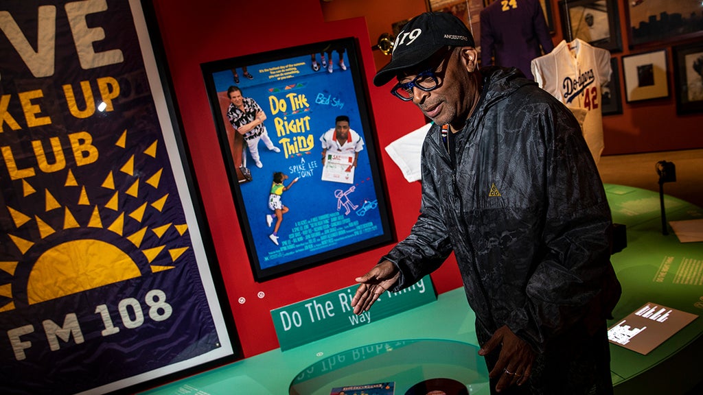 Oscar-winning director Spike Lee talks about a streek in New York being renamed after his 1989 classic film Do The Right Thing, while taking a private tour of an exhibit featuring objects from his personal collection, which is being presented as part of the new Academy Museum of Motion Pictures core exhibition, Stories of Cinema, in Los Angeles, CA, Friday, Sept. 24, 2021.