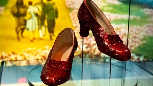 Judy Garlands ruby slippers, inscription inside says, #7 Judy Garland, are on display at the new Academy Museum in Los Angeles, CA Tuesday, September 21, 2021.