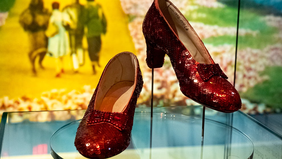 Judy Garlands ruby slippers, inscription inside says, #7 Judy Garland, are on display at the new Academy Museum in Los Angeles, CA Tuesday, September 21, 2021.