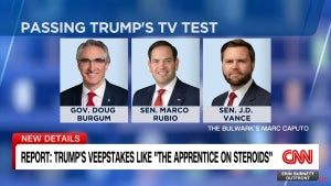 A screenshot from CNN with a heading reading "PASSING TRUMP'S TV TEST" and showing images of a white man, a Latino man, and another white man: Doug Burgum, Marco Rubio, and J.D. Vance.