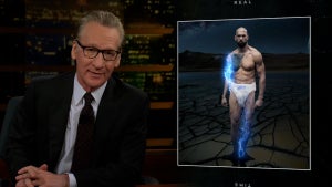 Bill Maher displays a graphic with lightning crackling around men's influencer and misogynist Andrew Tate, lightning crackling around him as he wears a diaper.