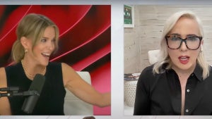 A blond woman smiles and laughs as she points to the side in a split-screen image on the left. Another blonde woman is in the split screen on the right.