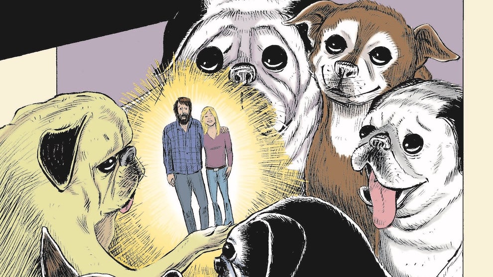 An illustration of a group of five assorted dogs around a much smaller man and woman, standing in an illuminated light. The people are the authors, Scott Marvel Cassidy and Maria Bamford.