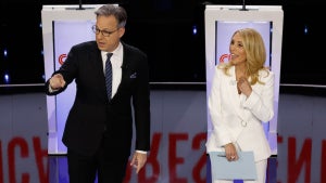 Moderators and CNN hosts Jake Tapper and Dana Bash at the CNN Republican Presidential Primary Debate in January 2024