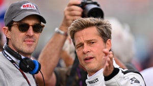 Joseph Kosinski and Brad Pitt on set of Formula One movie