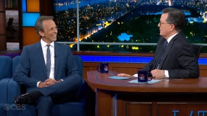 Seth Meyers and Stephen Colbert on "The Late Show." (Credit: CBS)