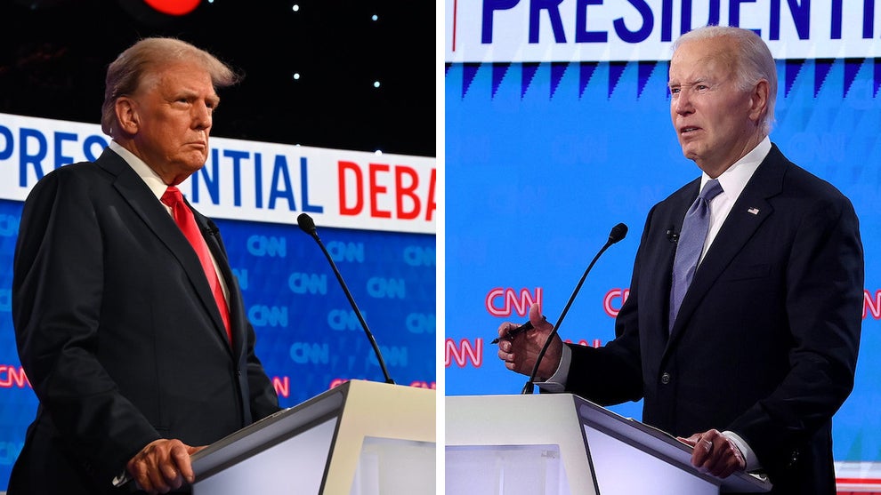 Donald Trump and President Joe Biden at CNN's 2024 Presidential Debate in Atlanta (Credit: Kyle Mazza/Anadolu/Justin Sullivan/Getty Images)