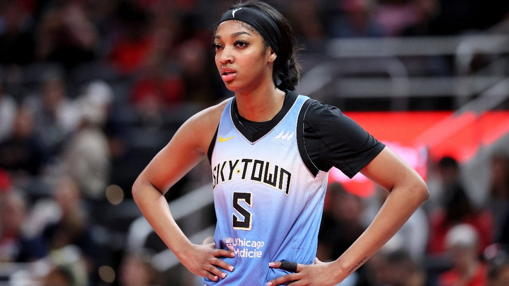 Angel Reese #5 of the Chicago Sky looks on against the Indiana Fever during the first quarter in the game at Gainbridge Fieldhouse on June 01, 2024 in Indianapolis, Indiana