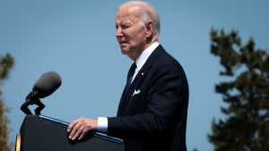 U.S. President Joe Biden speaks during a ceremony at the Normandy American Cemetery on the 80th anniversary of D-Day on June 06, 2024