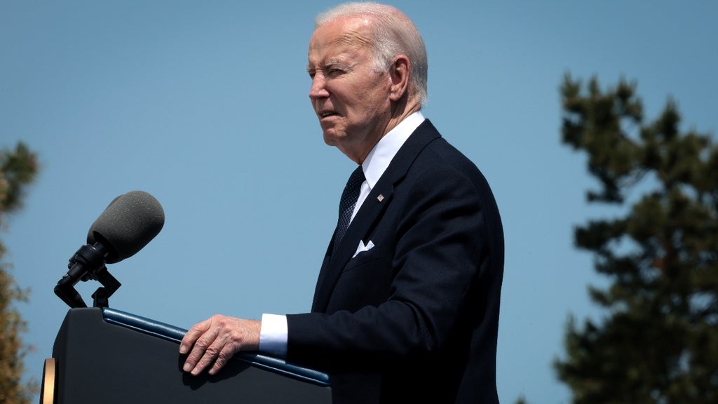 U.S. President Joe Biden speaks during a ceremony at the Normandy American Cemetery on the 80th anniversary of D-Day on June 06, 2024