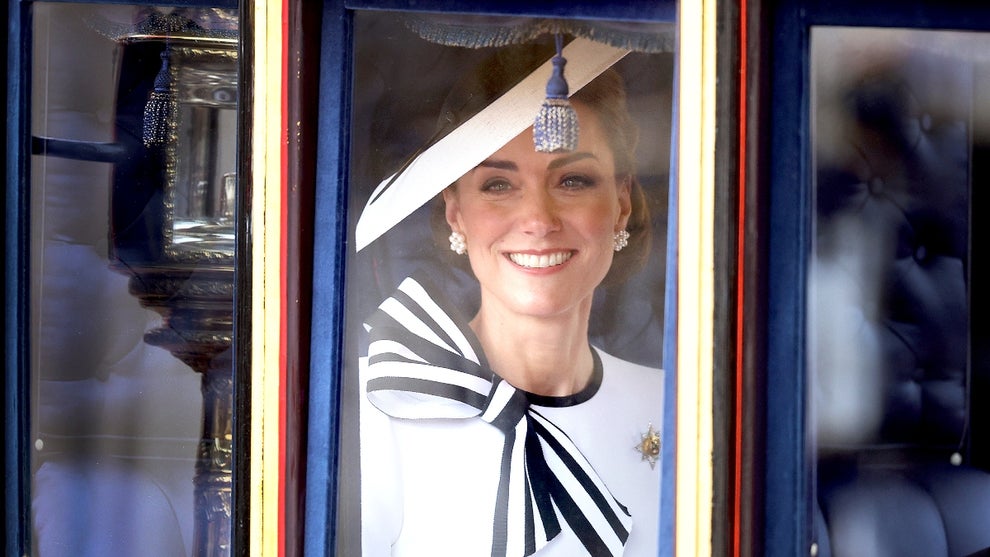 Catherine, Princess of Wales smiles as she travels by carriage during Trooping the Colour at Buckingham Palace on June 15, 2024 in London, England
