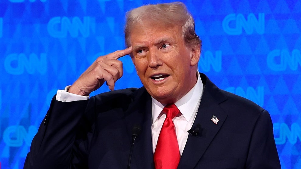 Republican presidential candidate, former U.S. President Donald Trump participates in the CNN Presidential Debate at the CNN Studios on June 27, 2024 in Atlanta, Georgia
