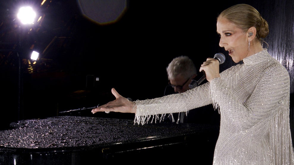 Celine Dion performing on the Eiffel Tower during the opening ceremony of the Paris 2024 Olympic Games Paris 2024
