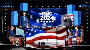 A view of the convention floor before the 2024 Republican National Convention at the Fiserv Forum on July 14, 2024 in Milwaukee, Wisconsin. (Photo by ANDREW CABALLERO-REYNOLDS / AFP)