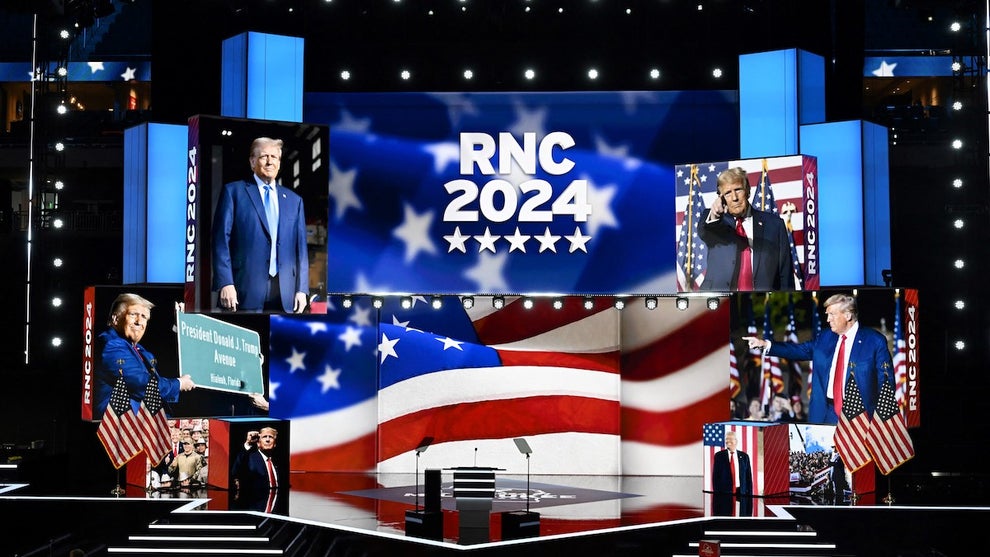 A view of the convention floor before the 2024 Republican National Convention at the Fiserv Forum on July 14, 2024 in Milwaukee, Wisconsin. (Photo by ANDREW CABALLERO-REYNOLDS / AFP)
