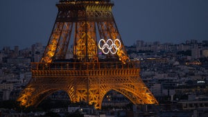 A general view of the Eiffel Tower with the Olympic Rings from the Arc de Triomphe ahead of the Opening Ceremony of the Paris 2024 Olympic Games on July 21, 2024 in Paris, France. (Credit: David Ramos/Getty Images)
