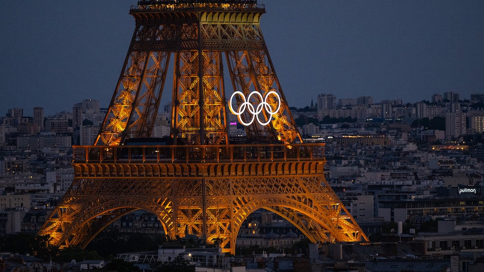A general view of the Eiffel Tower with the Olympic Rings from the Arc de Triomphe ahead of the Opening Ceremony of the Paris 2024 Olympic Games on July 21, 2024 in Paris, France. (Credit: David Ramos/Getty Images)