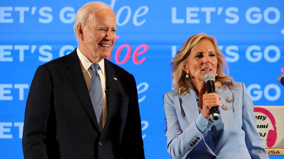 President Joe Biden and First Lady Jill Biden speak at a watch party for the CNN presidential debate