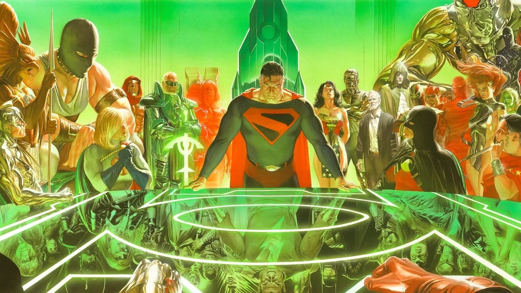 An illustration showing a pantheon of superheroes around a table, with other characters in the reflection. Superman stands at the table, looking imposing.