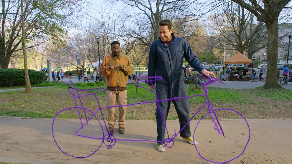 Lil Rel Howery (Moose) and Zachary Levi (Harold) in "Harold and the Purple Crayon" (Credit: Columbia Pictures)