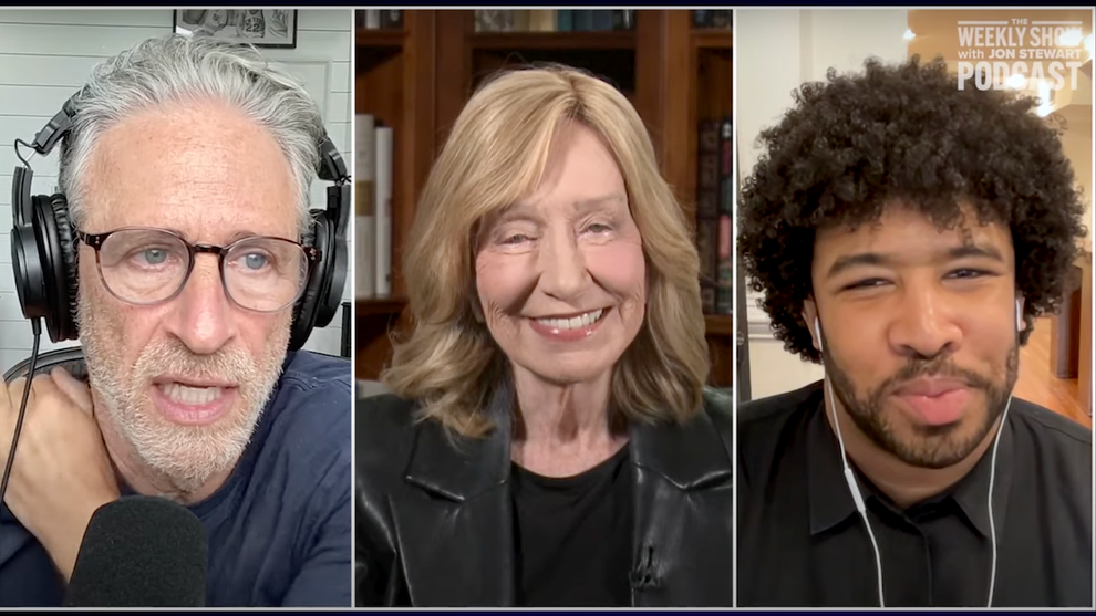 Presidential historian Doris Kearns Goodwin and Politico White House correspondent Eugene Daniels joined “The Daily Show” host for his first podcast since President Joe Biden dropped out of the race. (Credit: The Weekly Show)