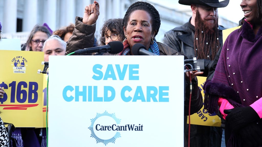 Rep. Sheila Jackson Lee (D-TX) (C) joins coalition partners at a rally outside the U.S. Capitol Building in support of President Biden’s $16 billion request for child care supplemental funding to support children, families, and early educators on December 06, 2023