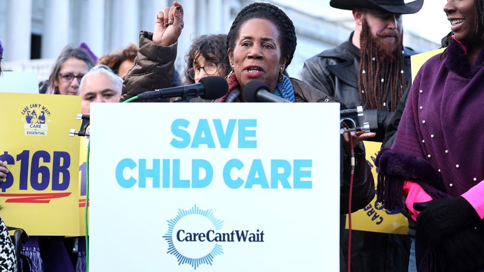 Rep. Sheila Jackson Lee (D-TX) (C) joins coalition partners at a rally outside the U.S. Capitol Building in support of President Biden’s $16 billion request for child care supplemental funding to support children, families, and early educators on December 06, 2023