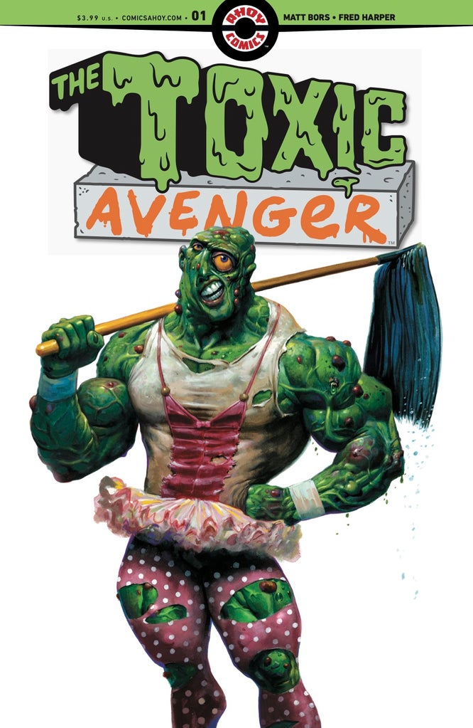 A mutated creature holds a mop and wears a tutu. His skin is green, his features twisted, though he also has superherhuman musculature.