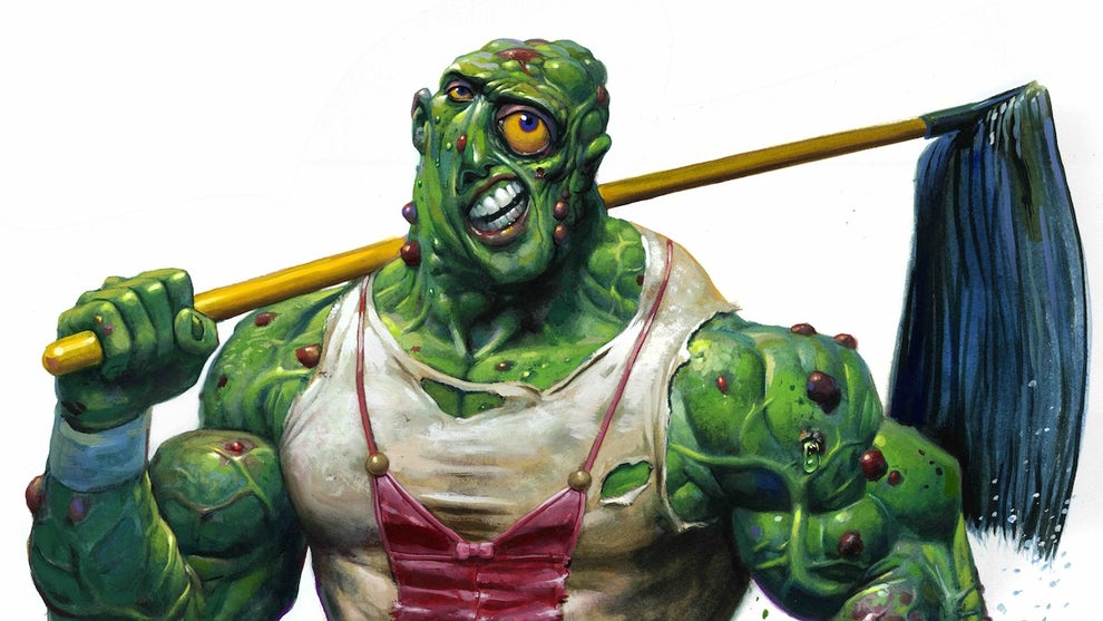A mutated creature holds a mop and wears a tutu. His skin is green, his features twisted, though he also has superherhuman musculature.
