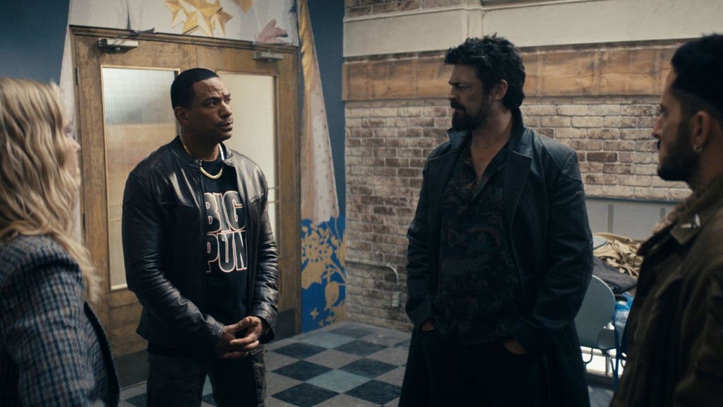 Erin Moriarty as Annie/Starlight, Laz Alonso as Mother's Milk, Karl Urban as Billy Butcher and Tomer Capone as Frenchie in "The Boys" Season 4 (Prime Video)