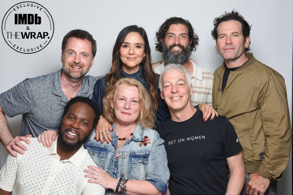 (L-R) Harold Perrineau, John Griffin, Elizabeth Saunders, Catalina Sandino Moreno, Jeff Pinkner, David Alpay and Eion Bailey pose in the IMDboat Exclusive Portrait Studio at San Diego Comic-Con 2024 at The IMDb Yacht on July 26, 2024 in San Diego, California.