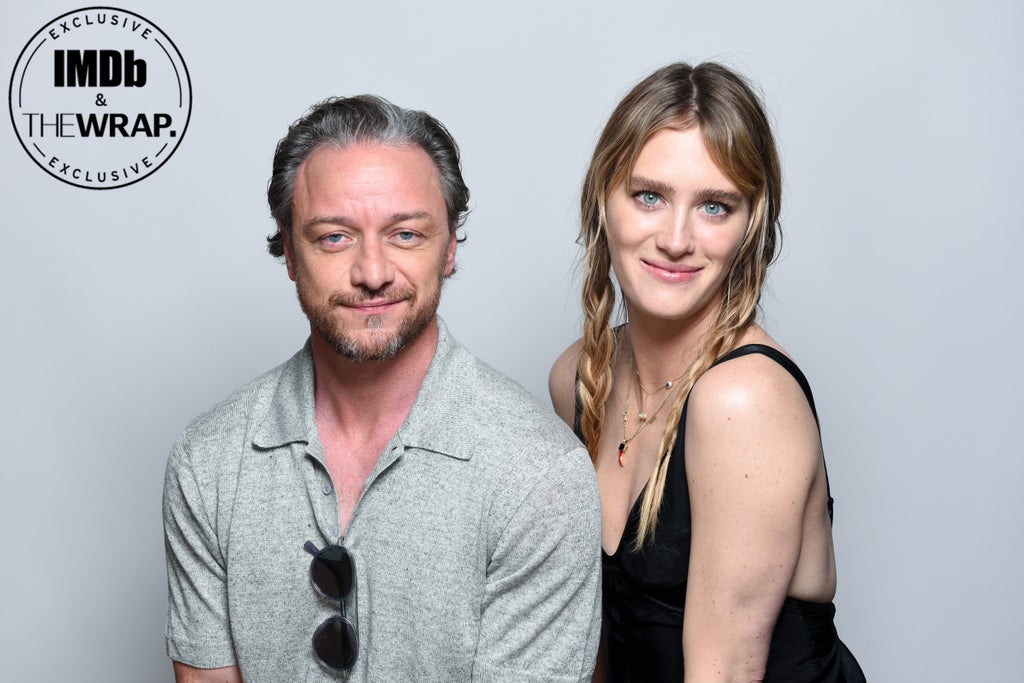 (L-R) James McAvoy and Mackenzie Davis poses in the IMDboat Exclusive Portrait Studio at San Diego Comic-Con 2024 at The IMDb Yacht on July 27, 2024 in San Diego, California.