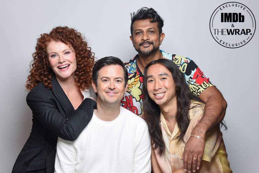 (L-R) Rebecca Wisocky, Richie Moriarty, Utkarsh Ambudkar and Román Zaragoza pose in the IMDboat Exclusive Portrait Studio at San Diego Comic-Con 2024 at The IMDb Yacht on July 27, 2024 in San Diego, California.