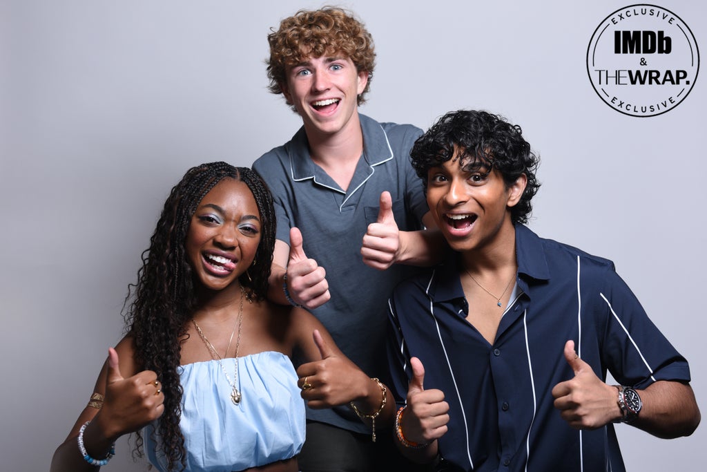 (L-R) Leah Jeffries, Walker Scobell and Aryan Simhadri pose in the IMDboat Exclusive Portrait Studio at San Diego Comic-Con 2024 at The IMDb Yacht on July 25, 2024 in San Diego, California.