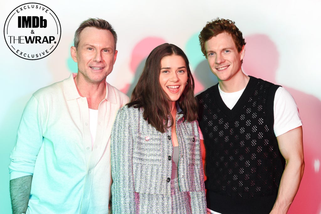 (L-R) Christian Slater, Molly Brown and Patrick Gibson pose in the IMDboat Exclusive Portrait Studio at San Diego Comic-Con 2024 at The IMDb Yacht on July 27, 2024 in San Diego, California.