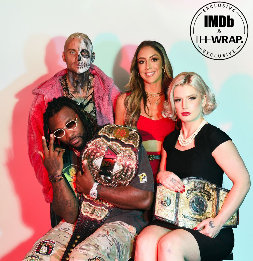 (L-R) Swerve Strickland, Darby Allin, Britt Baker and Toni Storm pose in the IMDboat Exclusive Portrait Studio at San Diego Comic-Con 2024 at The IMDb Yacht on July 25, 2024 in San Diego, California.