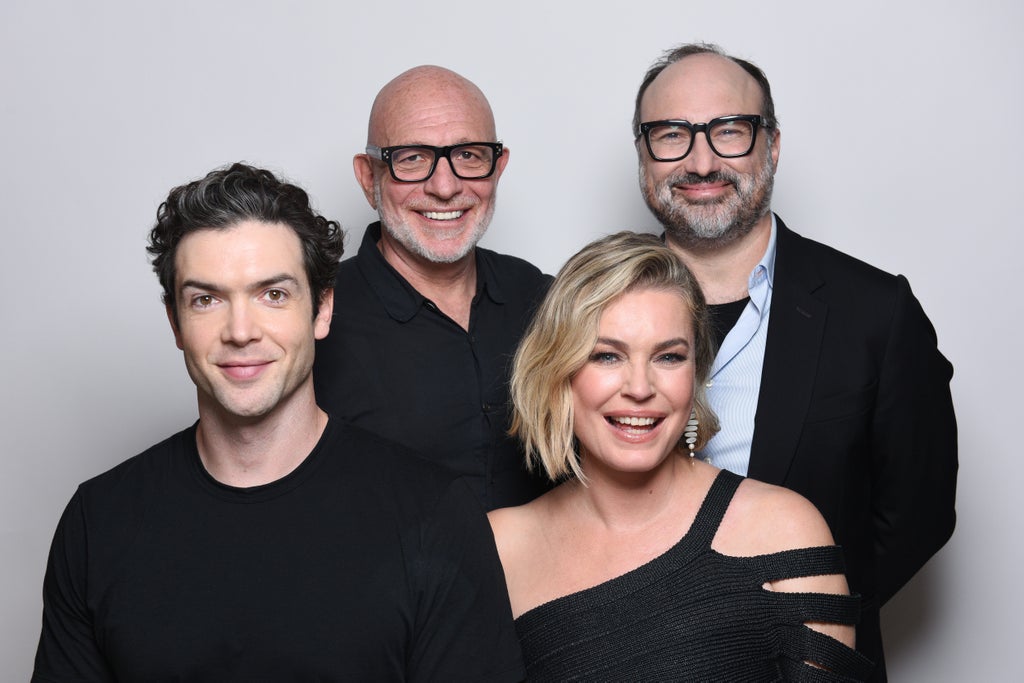 (L-R) Ethan Peck, Akiva Goldsman, Rebecca Romijn and Henry Alonso Myers pose in the IMDboat Exclusive Portrait Studio at San Diego Comic-Con 2024 at The IMDb Yacht on July 27, 2024 in San Diego, California.