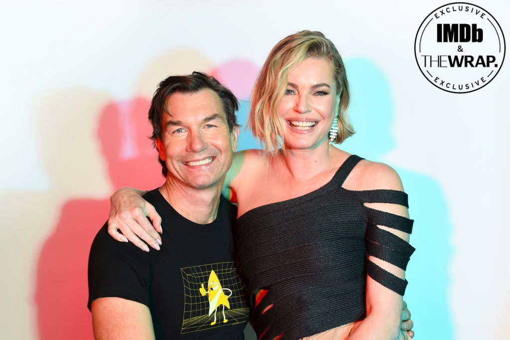 (L-R) Jerry O'Connell and Rebecca Romijn pose in the IMDboat Exclusive Portrait Studio at San Diego Comic-Con 2024 at The IMDb Yacht on July 27, 2024 in San Diego, California.