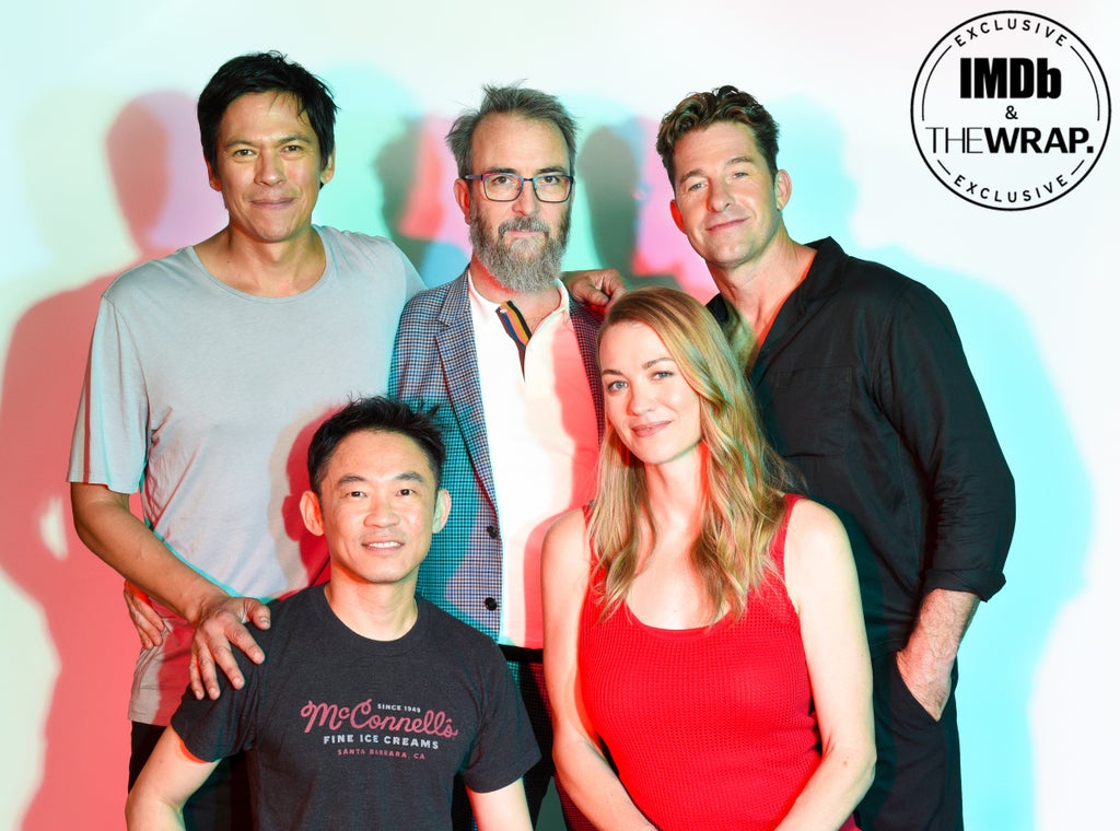 (L-R) Chaske Spencer, James Wan, Ian McCulloch, Yvonne Strahovski and Scott Speedman pose in the IMDboat Exclusive Portrait Studio at San Diego Comic-Con 2024 at The IMDb Yacht on July 25, 2024 in San Diego, California.