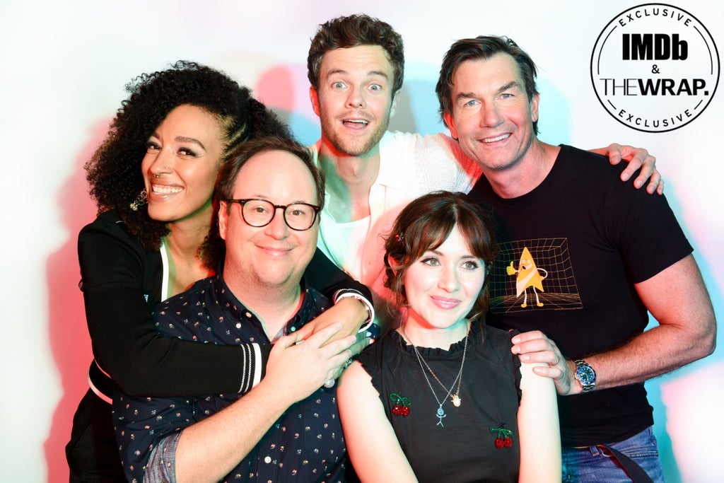 (L-R) Tawny Newsome, Mike McMahan, Jack Quaid, Noël Wells and Jerry O'Connell pose in the IMDboat Exclusive Portrait Studio at San Diego Comic-Con 2024 at The IMDb Yacht on July 27, 2024 in San Diego, California.