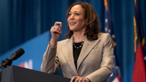 US Vice President Kamala Harris speaks during a campaign event at Westover High School in Fayetteville, North Carolina, on July 18, 2024