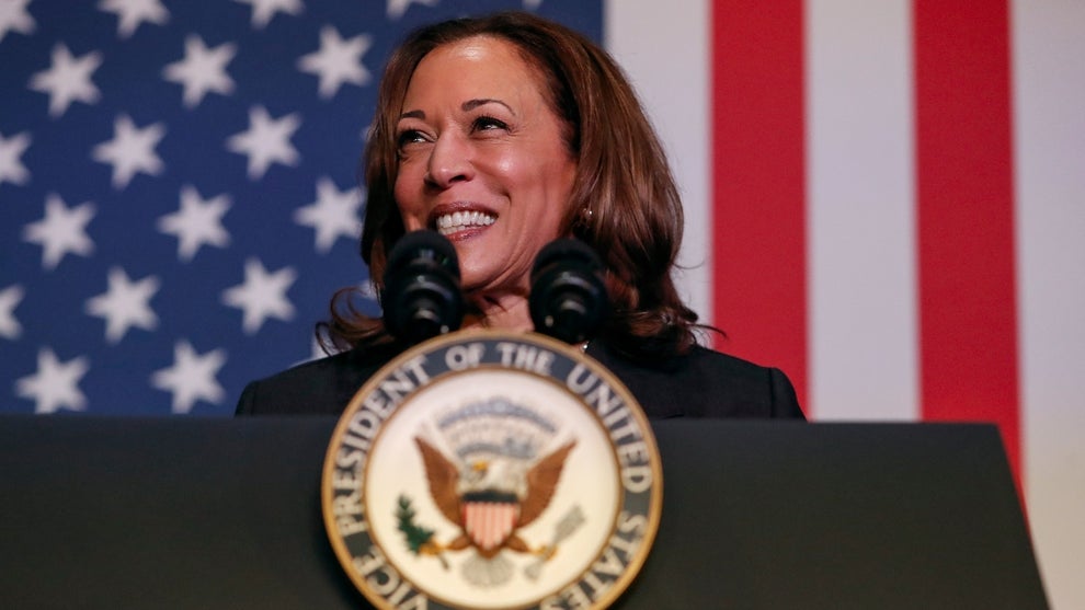 US Vice President Kamala Harris speaks at a moderated conversation with former Trump administration national security official Olivia Troye and former Republican voter Amanda Stratton on July 17, 2024 in Kalamazoo, Michigan